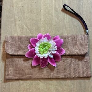 Pink and Tan Floral burlap Clutch-like new